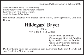Traueranzeige von Hildegard Bayer von Eßlinger Zeitung/Cannstatter Zeitung