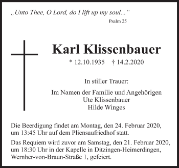 Traueranzeige von Karl Klissenbauer von Eßlinger Zeitung/Cannstatter Zeitung
