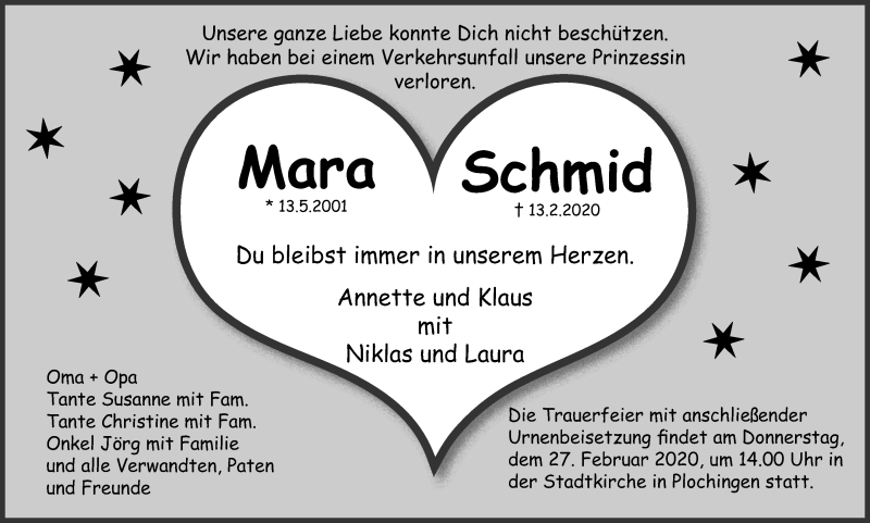  Traueranzeige für Mara Schmid vom 21.02.2020 aus Eßlinger Zeitung/Cannstatter Zeitung