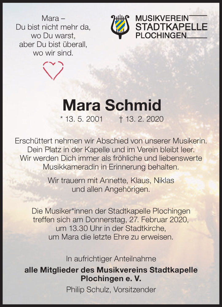  Traueranzeige für Mara Schmid vom 21.02.2020 aus Eßlinger Zeitung/Cannstatter Zeitung