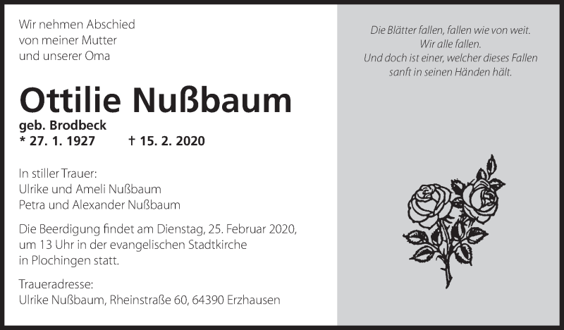  Traueranzeige für Ottilie Nußbaum vom 22.02.2020 aus Eßlinger Zeitung/Cannstatter Zeitung