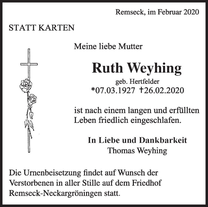  Traueranzeige für Ruth Weyhing vom 28.02.2020 aus Eßlinger Zeitung/Cannstatter Zeitung