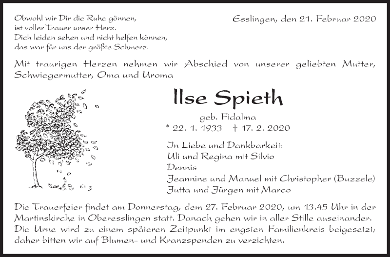  Traueranzeige für llse Spieth vom 21.02.2020 aus Eßlinger Zeitung/Cannstatter Zeitung