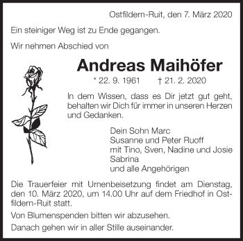 Traueranzeige von Andreas Maihöfer von Eßlinger Zeitung/Cannstatter Zeitung