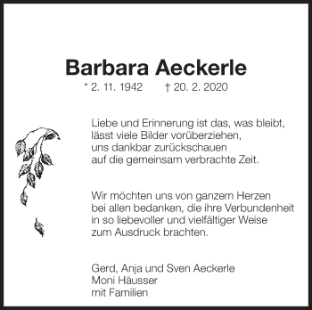 Traueranzeige von Barbara Aeckerle von Eßlinger Zeitung/Cannstatter Zeitung