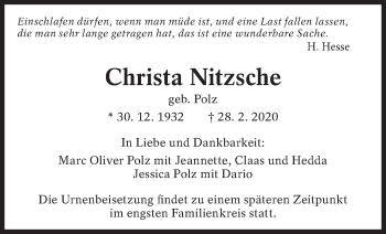 Traueranzeige von Christa Nitzsche von Eßlinger Zeitung/Cannstatter Zeitung