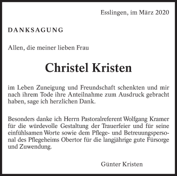 Traueranzeige von Christel Kristen von Eßlinger Zeitung/Cannstatter Zeitung