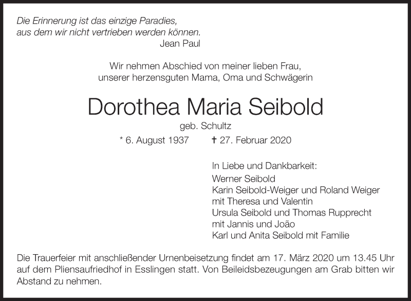  Traueranzeige für Dorothea Maria Seibold vom 05.03.2020 aus Eßlinger Zeitung/Cannstatter Zeitung