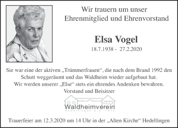 Traueranzeige von Elsa Vogel von Eßlinger Zeitung/Cannstatter Zeitung