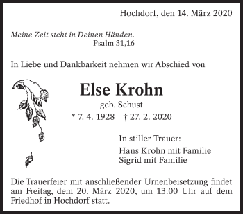 Traueranzeige von Else Krohn von Eßlinger Zeitung/Cannstatter Zeitung