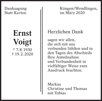 Traueranzeige von Ernst Voigt von Eßlinger Zeitung/Cannstatter Zeitung