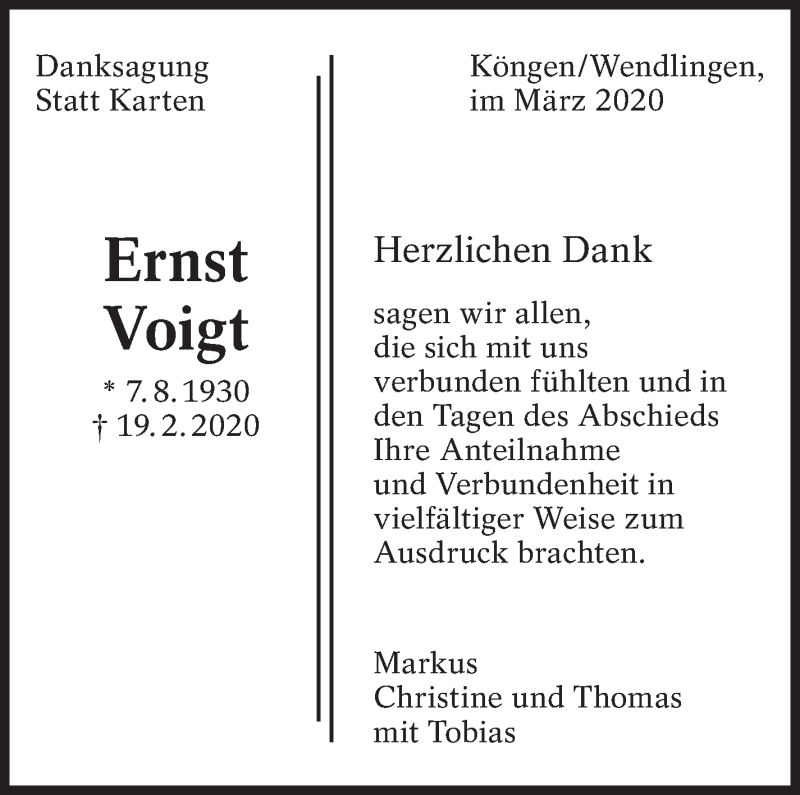  Traueranzeige für Ernst Voigt vom 14.03.2020 aus Eßlinger Zeitung/Cannstatter Zeitung