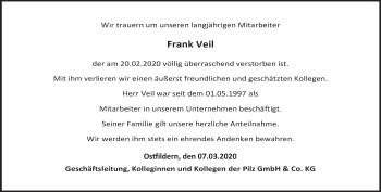 Traueranzeige von Frank Veil von Eßlinger Zeitung/Cannstatter Zeitung