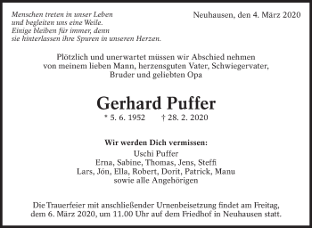 Traueranzeige von Gerhard Puffer von Eßlinger Zeitung/Cannstatter Zeitung
