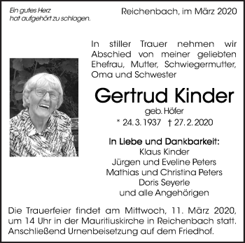 Traueranzeige von Gertrud Kinder von Eßlinger Zeitung/Cannstatter Zeitung