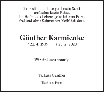 Traueranzeige von Günther Karmienke von Eßlinger Zeitung/Cannstatter Zeitung