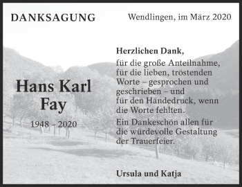 Traueranzeige von Hans Karl Fay von Eßlinger Zeitung/Cannstatter Zeitung