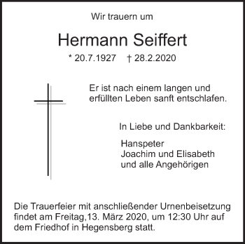 Traueranzeige von Hermann Seiffert von Eßlinger Zeitung/Cannstatter Zeitung