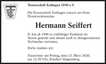 Traueranzeige von Hermann Seiffert von Eßlinger Zeitung/Cannstatter Zeitung