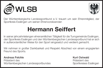 Traueranzeige von Hermann Seiffert von Eßlinger Zeitung/Cannstatter Zeitung