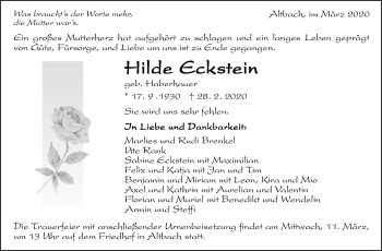 Traueranzeige von Hilde Eckstein von Eßlinger Zeitung/Cannstatter Zeitung