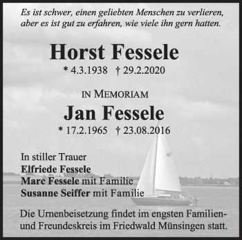 Traueranzeige von Horst Fessele von Eßlinger Zeitung/Cannstatter Zeitung