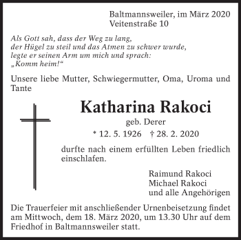 Traueranzeige von Katharina Rakoci von Eßlinger Zeitung/Cannstatter Zeitung
