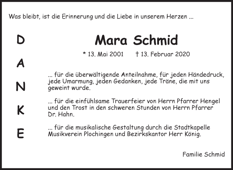  Traueranzeige für Mara Schmid vom 06.03.2020 aus Eßlinger Zeitung/Cannstatter Zeitung