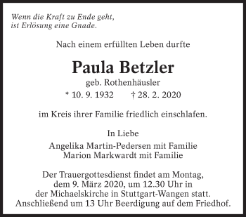 Traueranzeige von Paula Betzler von Eßlinger Zeitung/Cannstatter Zeitung