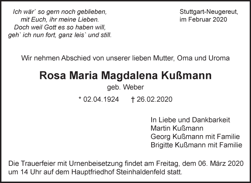  Traueranzeige für Rosa Maria Magdalena Kußmann vom 03.03.2020 aus Eßlinger Zeitung/Cannstatter Zeitung