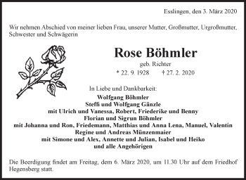 Traueranzeige von Rose Böhmler von Eßlinger Zeitung/Cannstatter Zeitung
