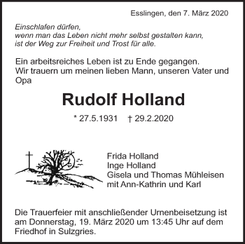 Traueranzeige von Rudolf Holland von Eßlinger Zeitung/Cannstatter Zeitung