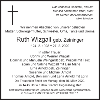 Traueranzeige von Ruth Wizgall von Eßlinger Zeitung/Cannstatter Zeitung
