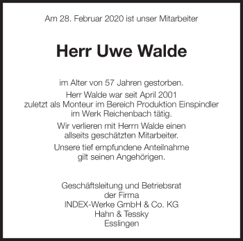 Traueranzeige von Uwe Walde von Eßlinger Zeitung/Cannstatter Zeitung