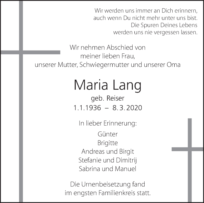  Traueranzeige für Maria Lang vom 03.04.2020 aus Eßlinger Zeitung/Cannstatter Zeitung