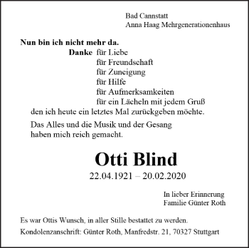 Traueranzeige von Otti Blind von Eßlinger Zeitung/Cannstatter Zeitung