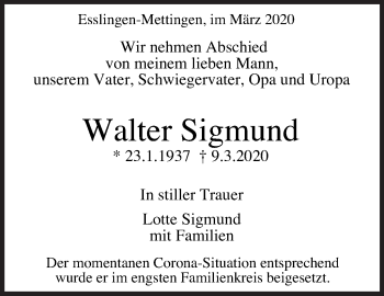 Traueranzeige von Walter Sigmund von Eßlinger Zeitung/Cannstatter Zeitung