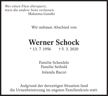 Traueranzeige von Werner Schock von Eßlinger Zeitung/Cannstatter Zeitung