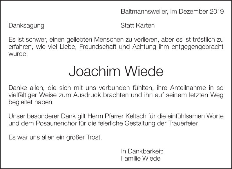  Traueranzeige für Joachim Wiede vom 10.12.2019 aus Eßlinger Zeitung/Cannstatter Zeitung