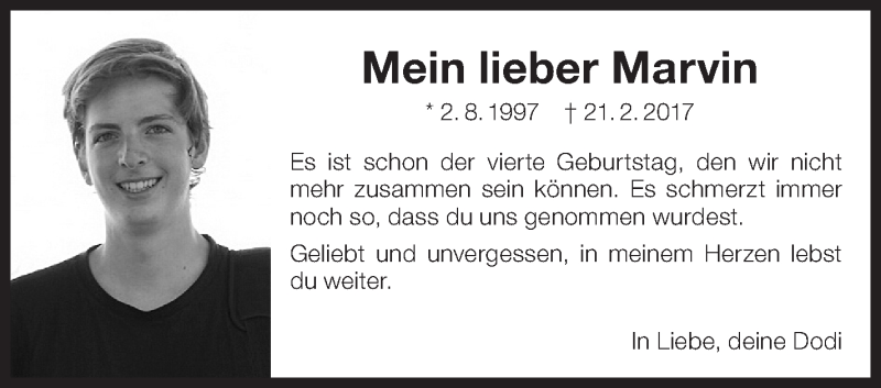  Traueranzeige für Marvin Puchmeier vom 01.08.2020 aus Eßlinger Zeitung/Cannstatter Zeitung
