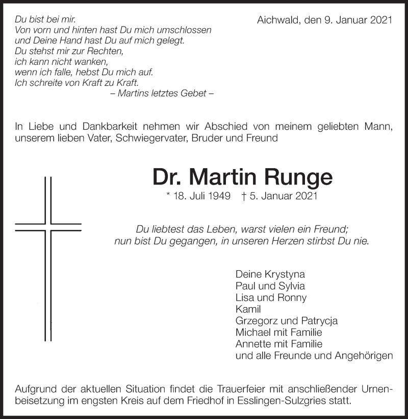  Traueranzeige für Martin Runge vom 09.01.2021 aus Eßlinger Zeitung/Cannstatter Zeitung