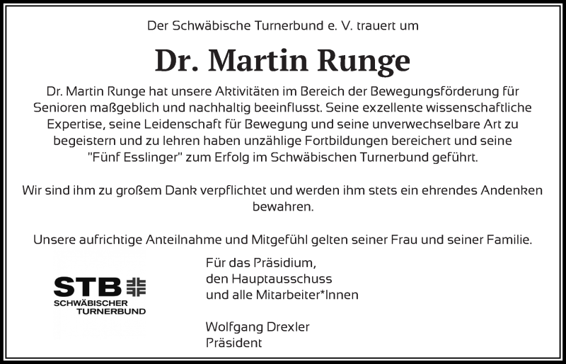  Traueranzeige für Martin Runge vom 14.01.2021 aus Eßlinger Zeitung/Cannstatter Zeitung