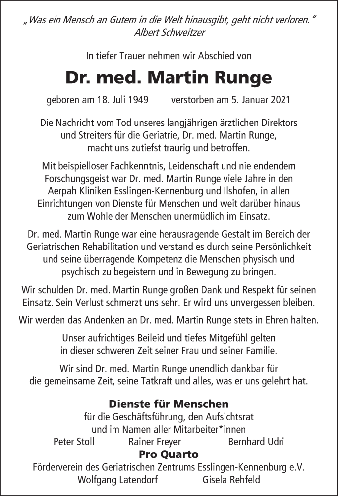  Traueranzeige für Martin Runge vom 09.01.2021 aus Eßlinger Zeitung/Cannstatter Zeitung