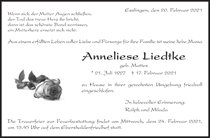  Traueranzeige für Anneliese Liedtke vom 20.02.2021 aus Eßlinger Zeitung/Cannstatter Zeitung
