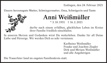 Traueranzeige von Anni Weißmüller von Eßlinger Zeitung/Cannstatter Zeitung