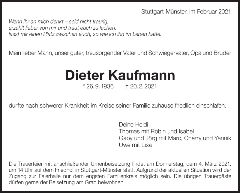  Traueranzeige für Dieter Kaufmann vom 24.02.2021 aus Eßlinger Zeitung/Cannstatter Zeitung