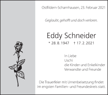 Traueranzeige von Eddy Schneider von Eßlinger Zeitung/Cannstatter Zeitung