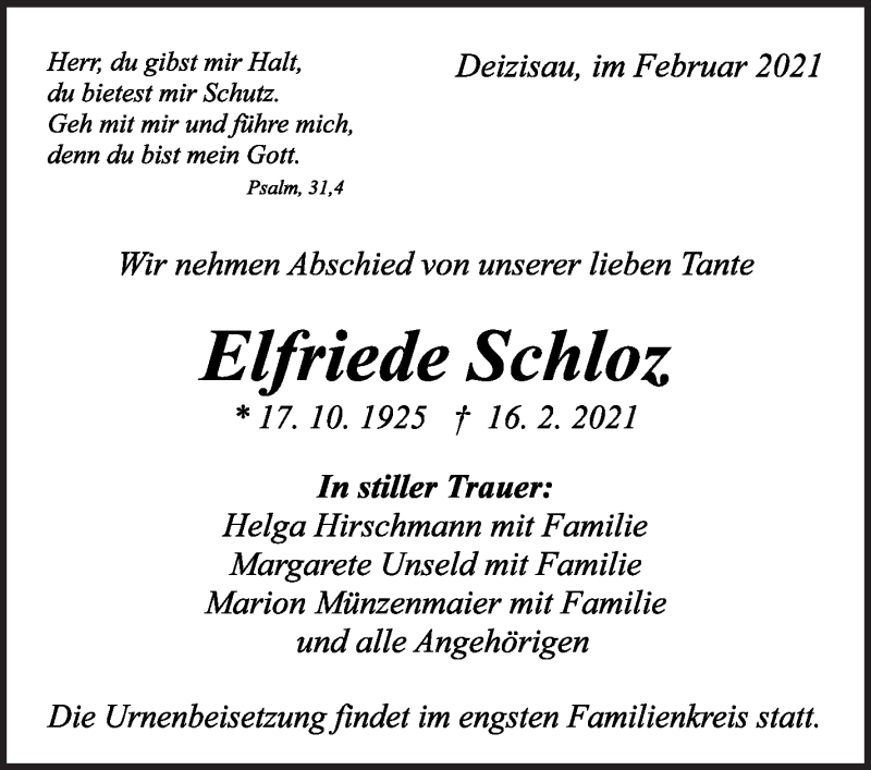  Traueranzeige für Elfriede Schloz vom 23.02.2021 aus Eßlinger Zeitung/Cannstatter Zeitung