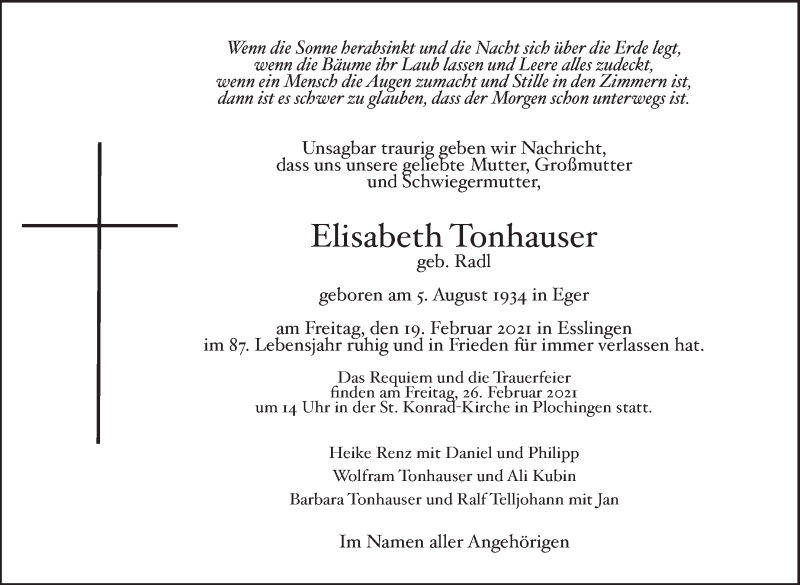  Traueranzeige für Elisabeth Tonhauser vom 23.02.2021 aus Eßlinger Zeitung/Cannstatter Zeitung