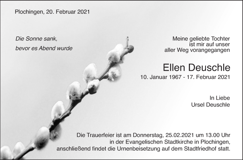  Traueranzeige für Ellen Deuschle vom 20.02.2021 aus Eßlinger Zeitung/Cannstatter Zeitung